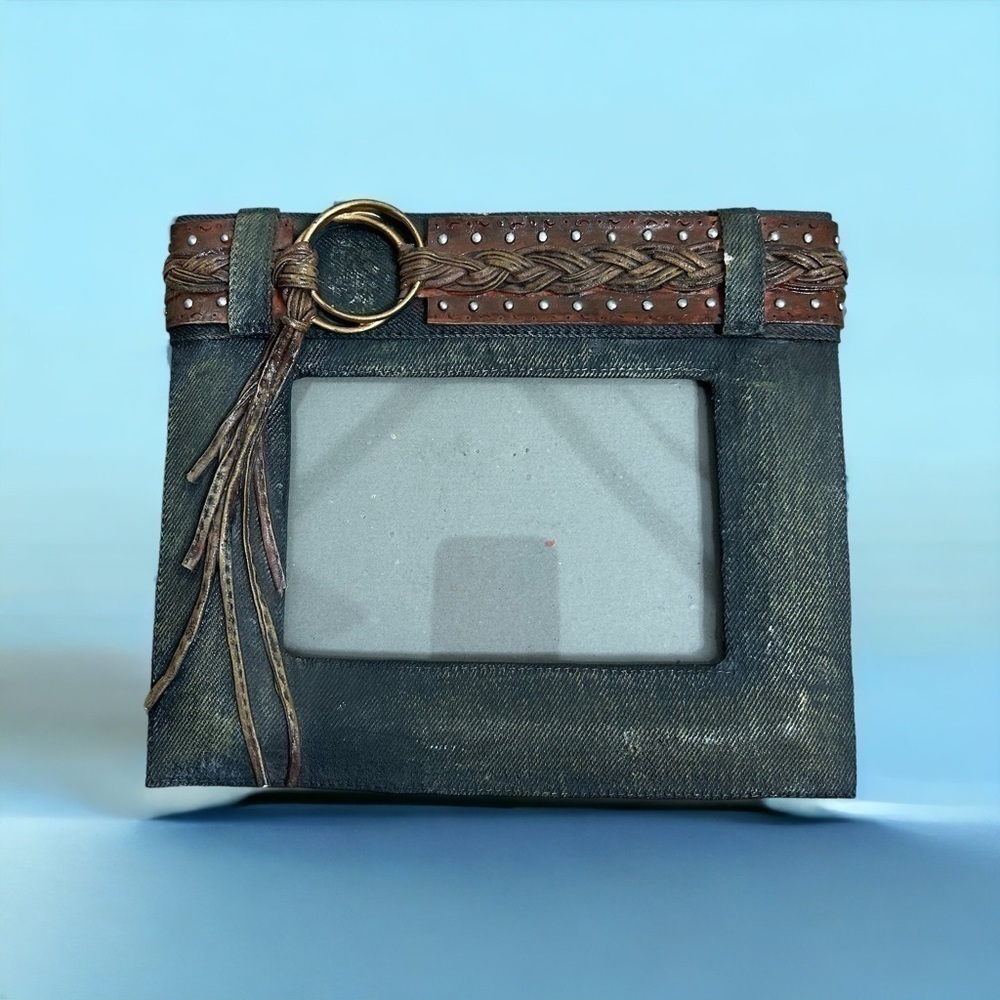 Denim Jean Picture Frame Belted Boho Grunge 4x6 Blue Brown